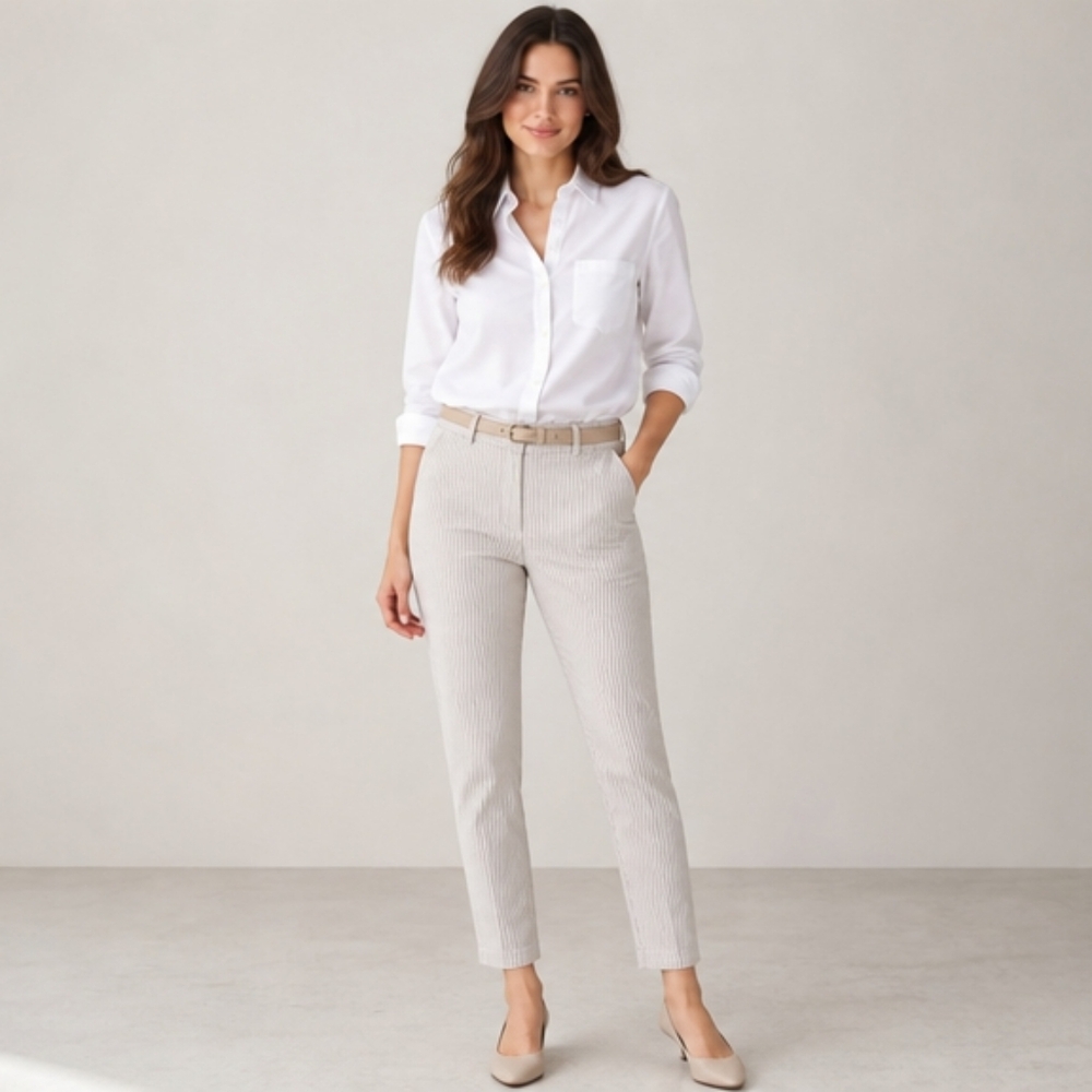 Slim Fit Seersucker Pants - Cream & Brown